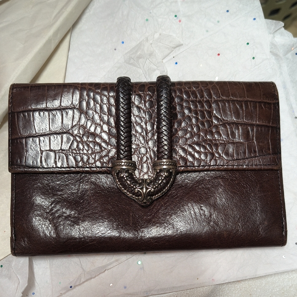 Brighton Dark Brown Croc-Embossed Leather Wallet with Braided Accent